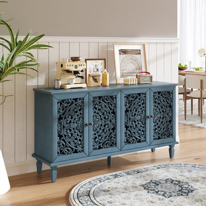Antique blue buffet cabinet with floral carvings and adjustable shelves by HouseOfZazla on Tampa Home & Garden Store