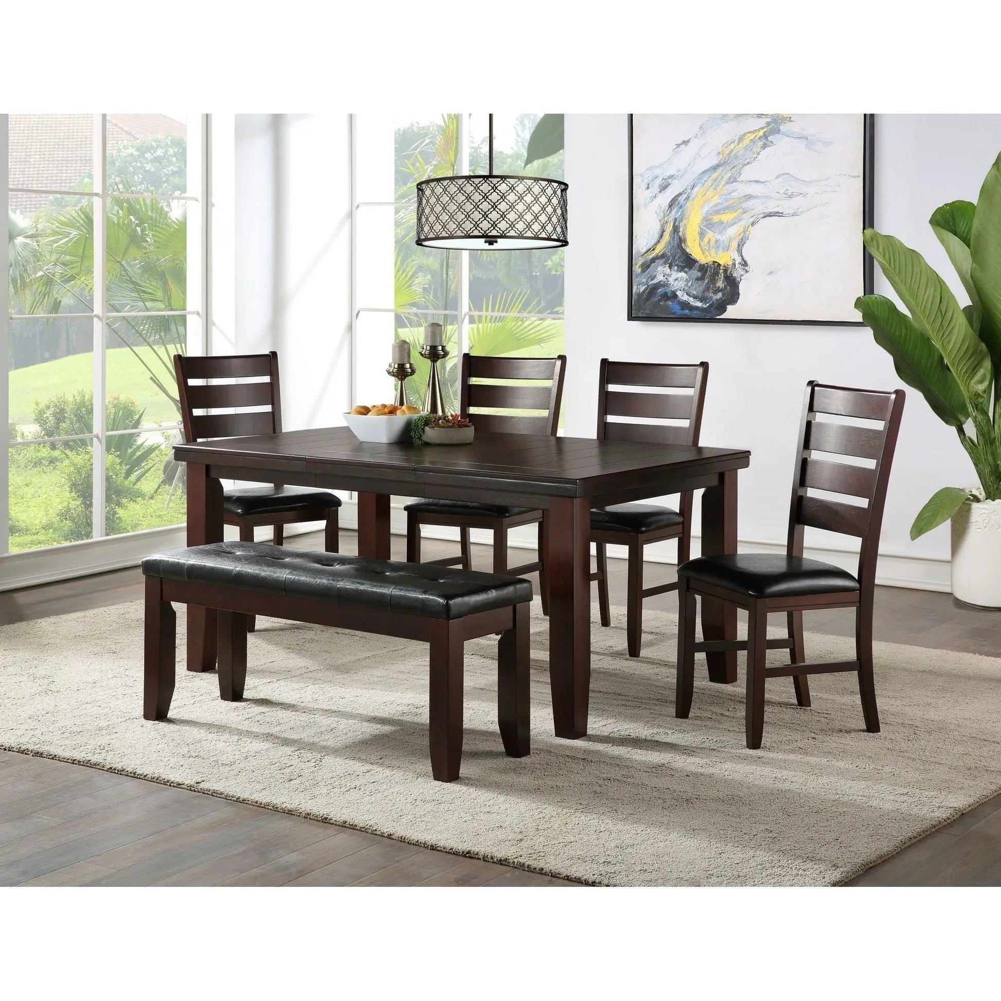 Urbana cherry dining table with matching dark wood chairs and bench by Unique Piece Furniture on Tampa Home & Garden Store