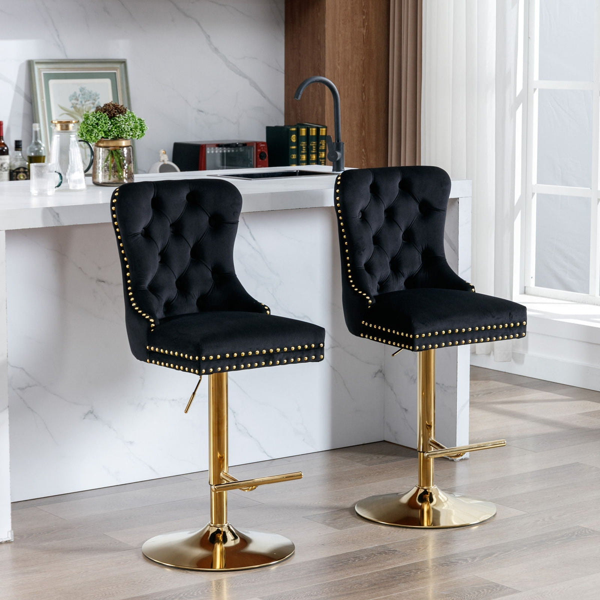 Tufted Black Swivel Bar Stools by HouseOfZazla, adjustable 25–33 in, set of 2 with gold bases on Tampa Home & Garden Store
