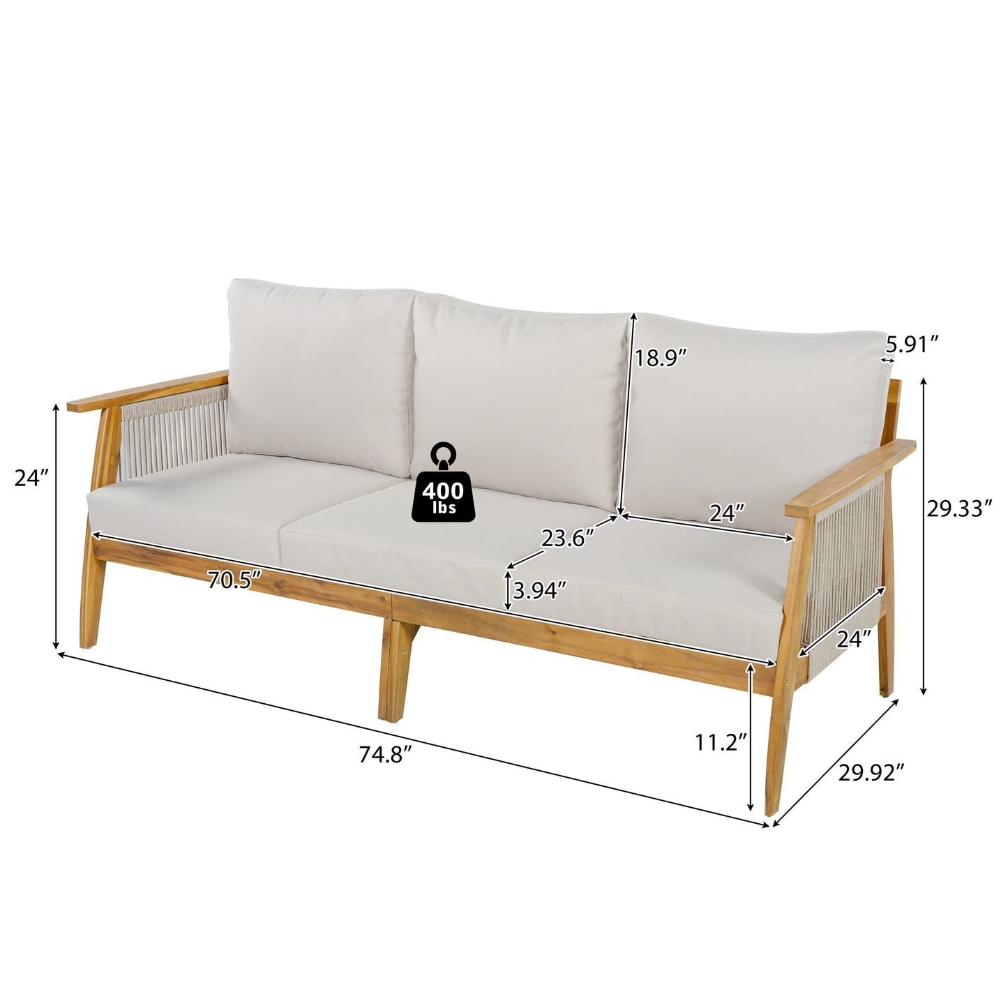 3 Seater Acacia and Rope Outdoor Patio Sofa