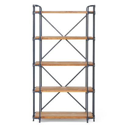 Yorktown Industrial 5-shelf bookcase with metal pipework and natural fir shelves on Tampa Home & Garden Store