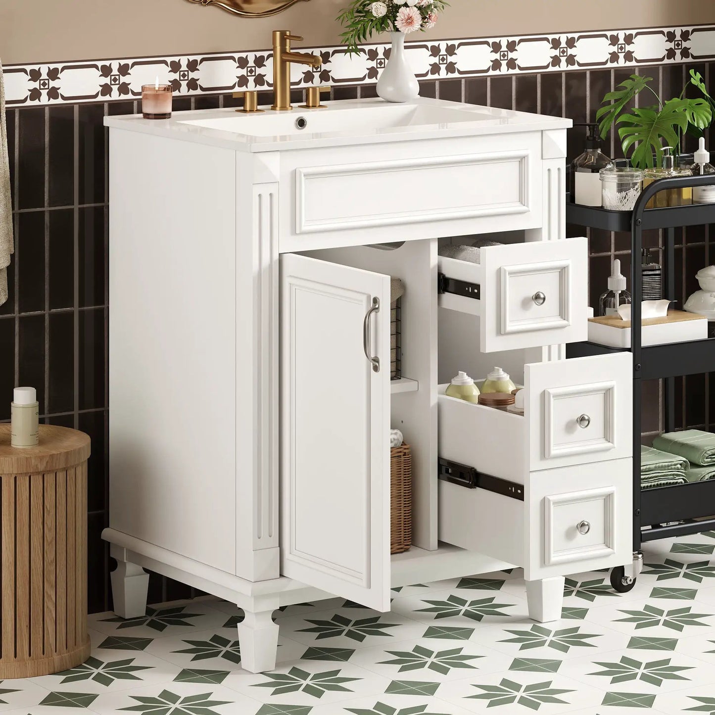 White bathroom vanity with sink and brass faucet; compact cabinet with 2 drawers and adjustable shelf on Tampa Home & Garden Store