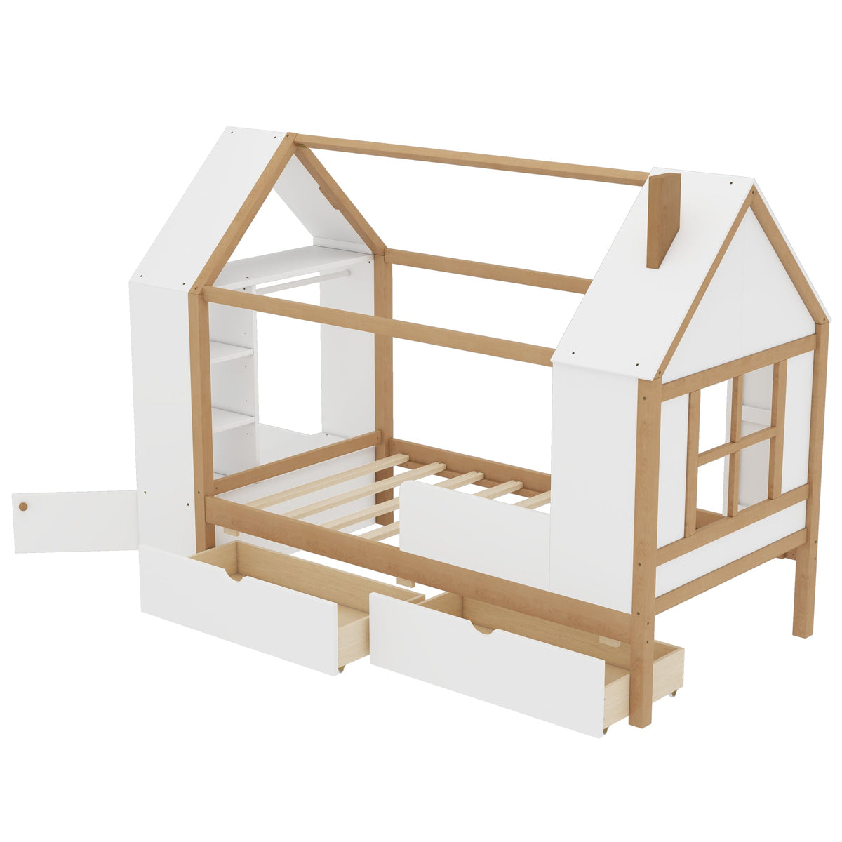 Twin Size House Platform Bed with Drawers HouseOfZazla, solid wood frame with white panels on Tampa Home & Garden Store