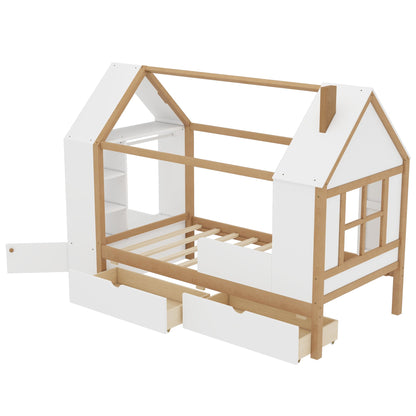 Twin Size House Platform Bed with Drawers HouseOfZazla, solid wood frame with white panels on Tampa Home & Garden Store