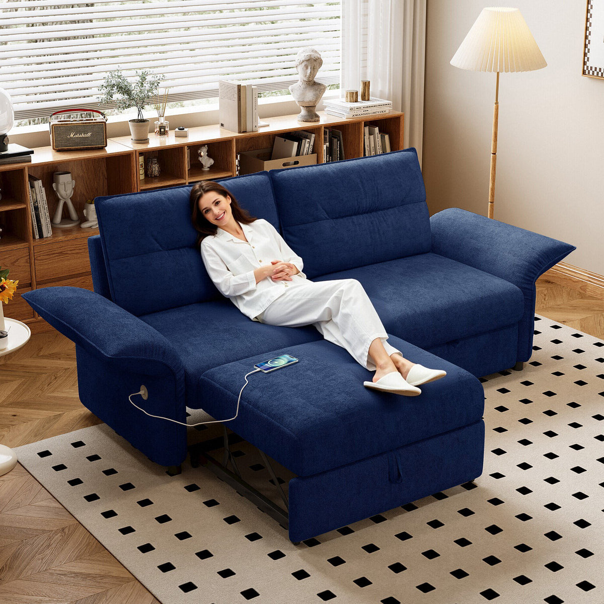 Multi-Functional 85-Inch Convertible Sofa Bed by HouseOfZazla in blue fabric with chaise on Tampa Home & Garden Store