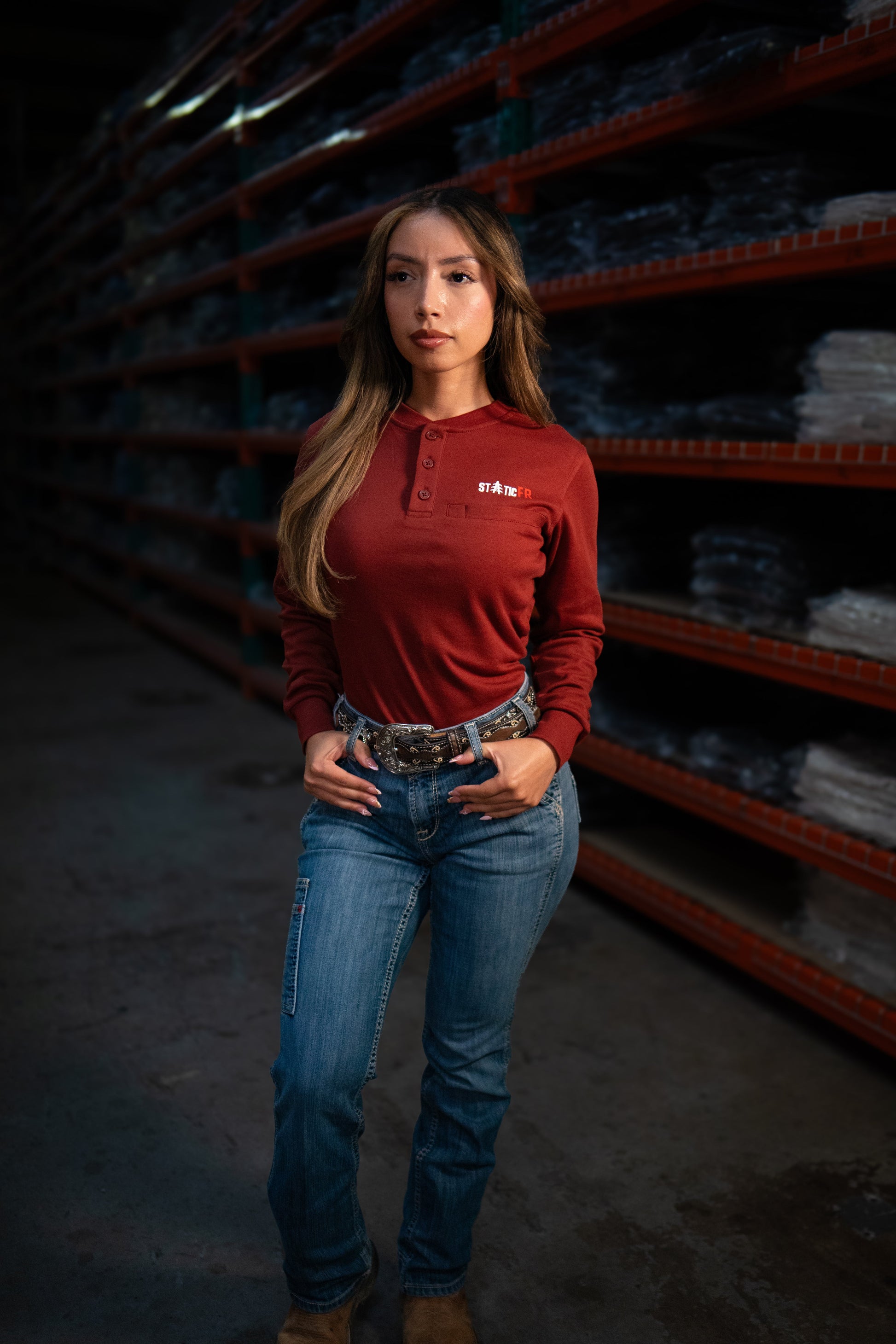 Women's FR 3-Button Henley in wine red, Static FR work safety top on Tampa Home & Garden Store