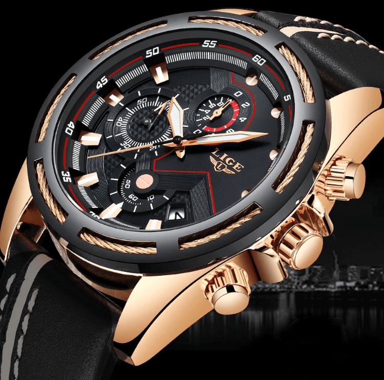 Stevvex Waterproof Men's Sports Watch with black dial, rose gold case and leather strap on Tampa Home & Garden Store