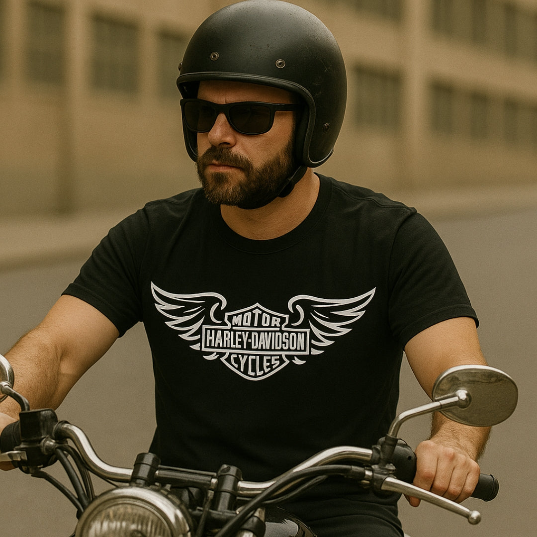 Biker Designed T-shirt black with Harley-Davidson wings logo worn by rider on motorcycle on Tampa Home & Garden Store