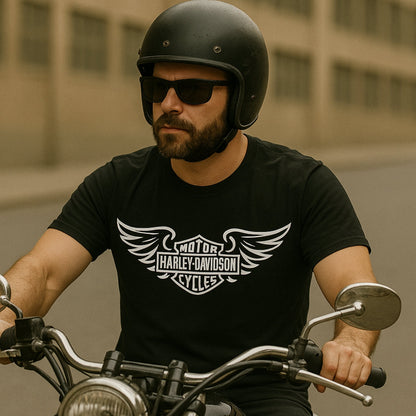 Biker Designed T-shirt black with Harley-Davidson wings logo worn by rider on motorcycle on Tampa Home & Garden Store