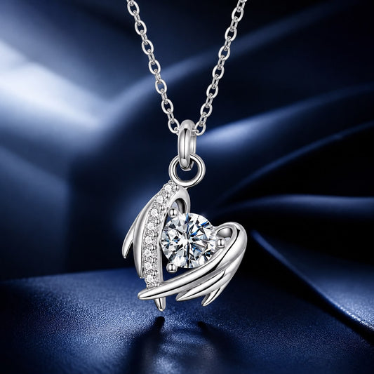 Necklace 925 Sterling Silver moissanite heart wing pendant white gold plated 40+5cm by Bids.com on Tampa Home & Garden Store