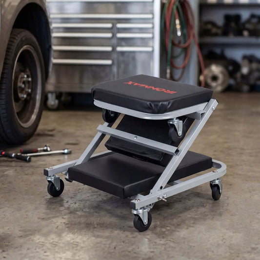 DirectDeals 2-in-1 mechanic creeper and Z-seat with 6 swivel casters, gray frame, black padded seat on Tampa Home & Garden Store