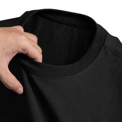 Black crew-neck T-shirt by BikerZoneZ, Homecoming Biker Festival Milwaukee edition, neckline close-up on Tampa Home & Garden Store