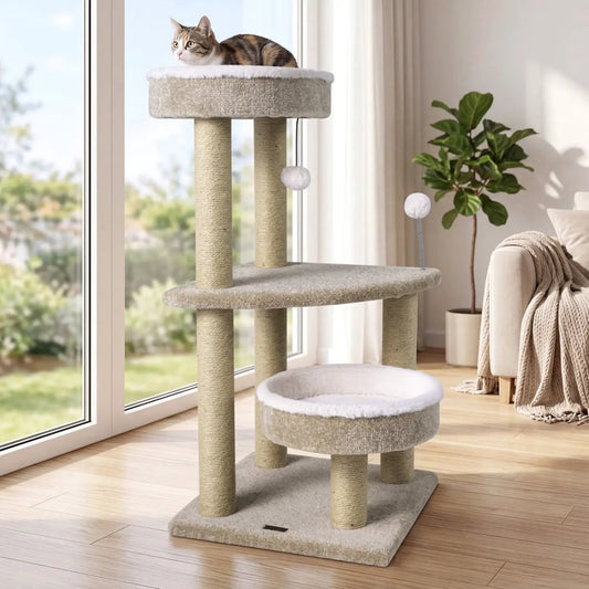 DirectDeals 36in cat tree with plush beige platforms, sisal posts, and hanging ball toy on Tampa Home & Garden Store