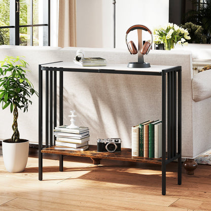 Mesa Consola de 36 Pulgadas, Mesa de Recibidor Industrial de 2 Niveles con Cubierta de Piedra Sinterizada