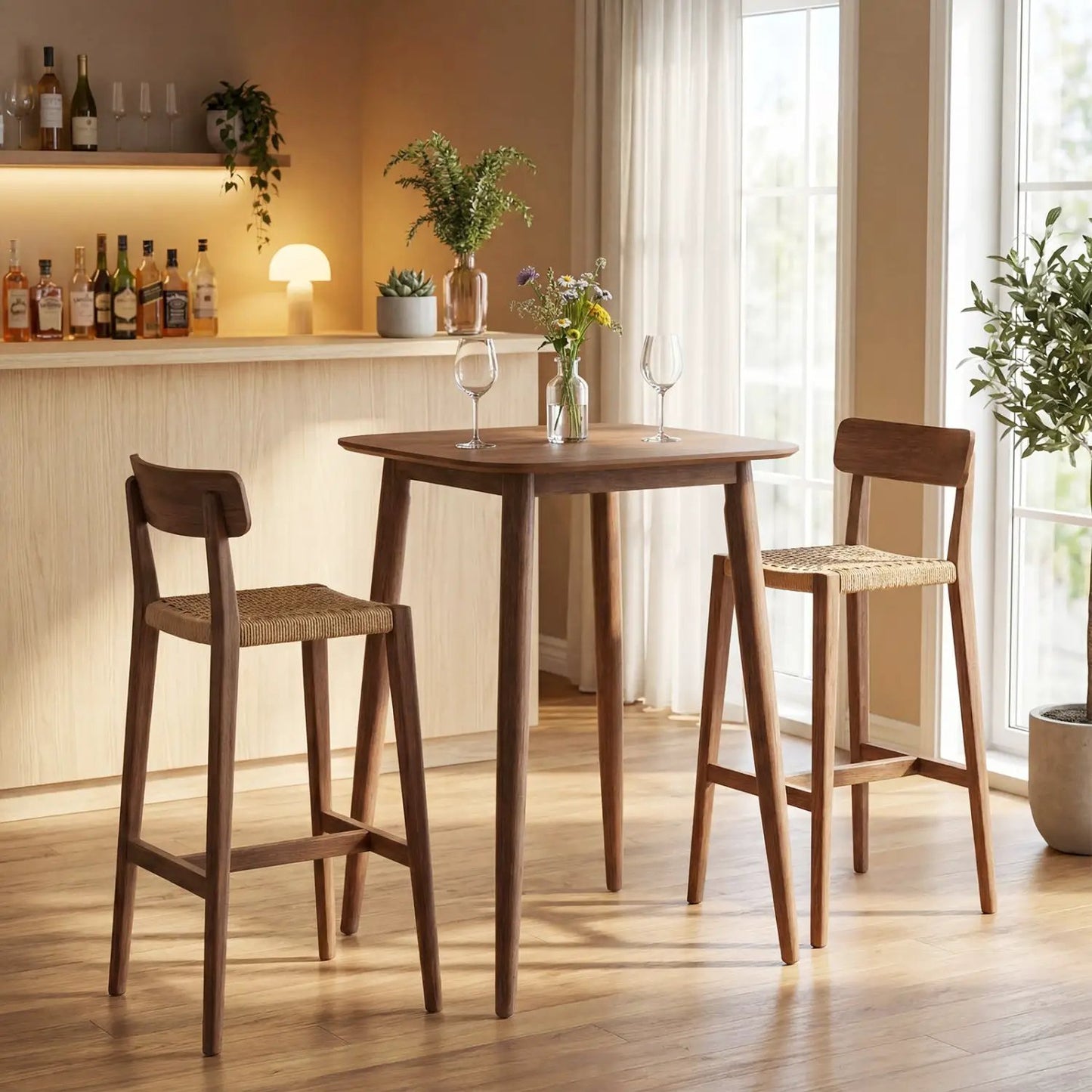 Counter height bar table 36in with rubberwood legs in warm finish; woven stools DirectDeals on Tampa Home & Garden Store