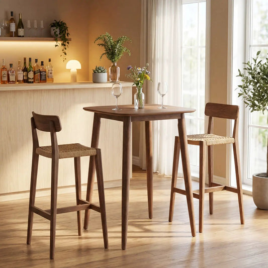Counter height bar table 36in with rubberwood legs in warm finish; woven stools DirectDeals on Tampa Home & Garden Store