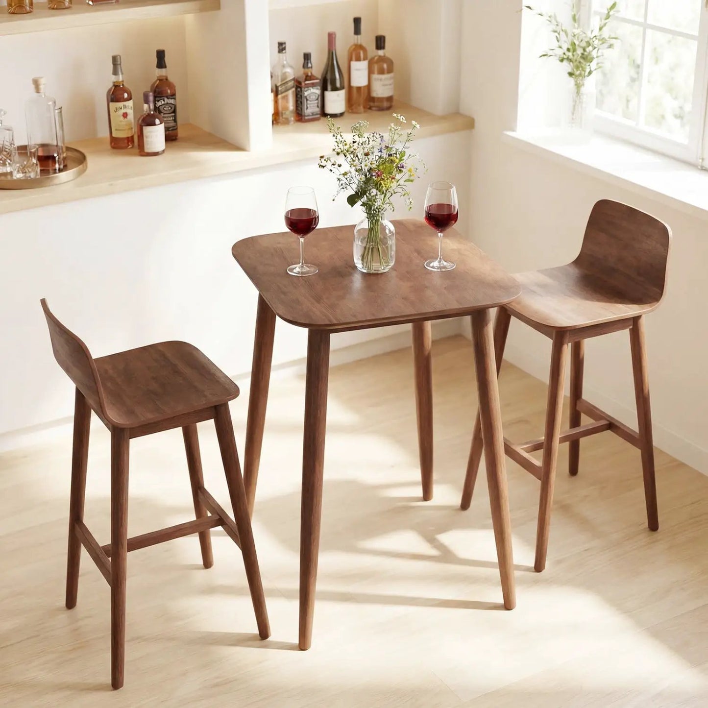 Counter Height Bar Table 36 in with solid rubberwood legs; 3 chairs in a bright kitchen on Tampa Home & Garden Store