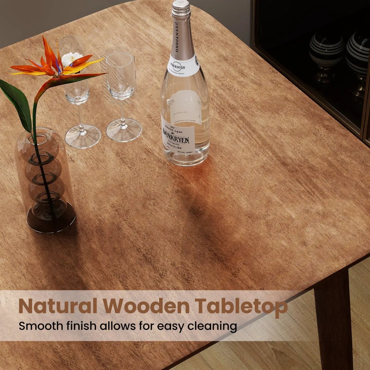 Counter Height Bar Table 36 in with solid rubberwood legs; natural wood tabletop, bottle, wine glasses, and a bird of paradise vase on Tampa Home & Garden Store