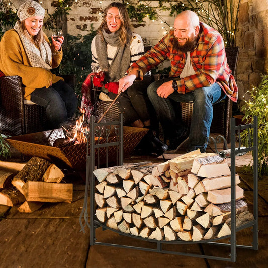 36in metal log holder with tools and kindling holders, filled with wood beside a fire on Tampa Home & Garden Store
