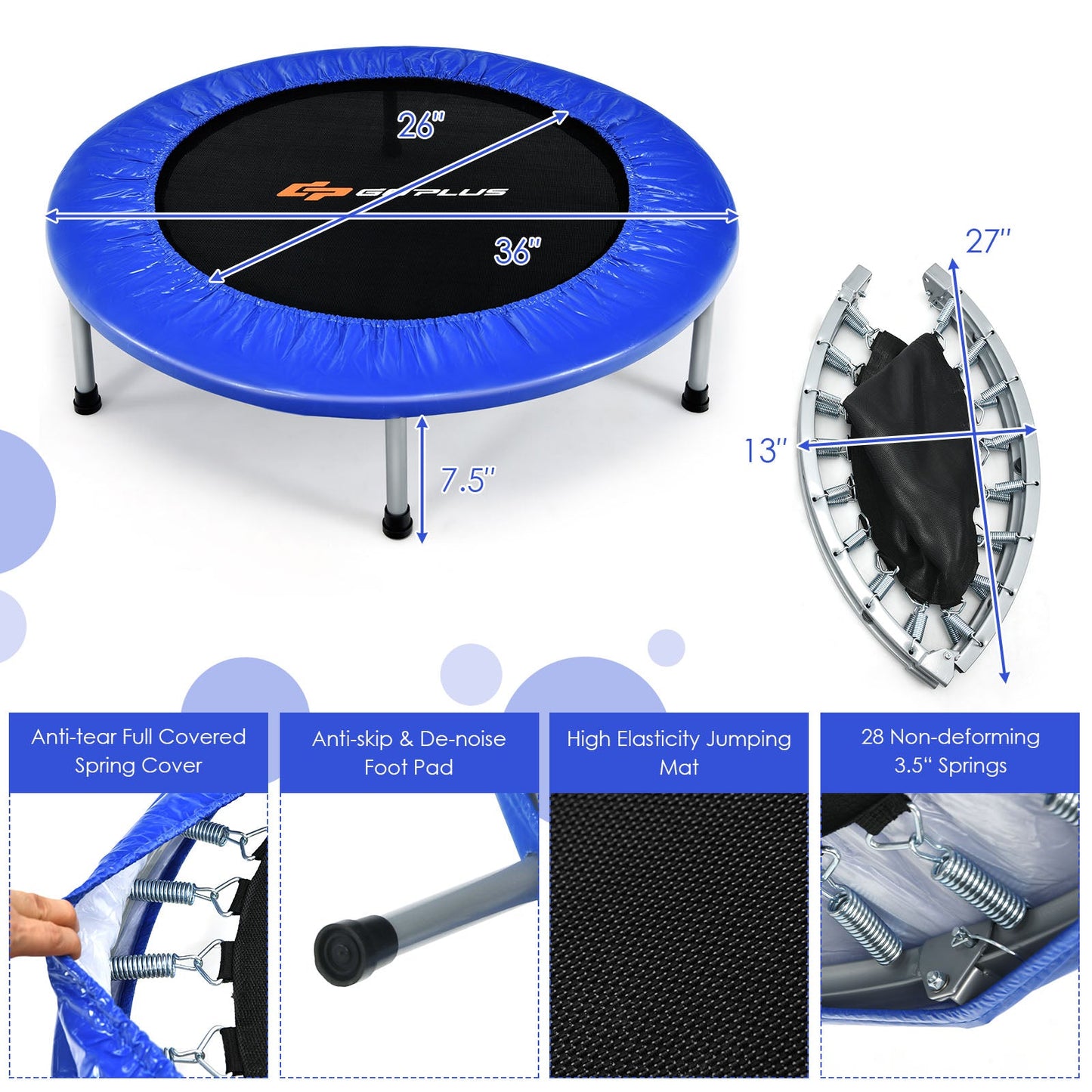 DirectDeals 36 Inch Mini Folding Trampoline with blue padded frame and black jumping mat on Tampa Home & Garden Store