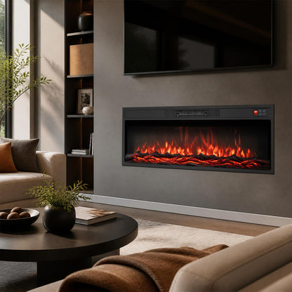 Recessed electric fireplace heater by DirectDeals with remote, black frame under wall TV on Tampa Home & Garden Store