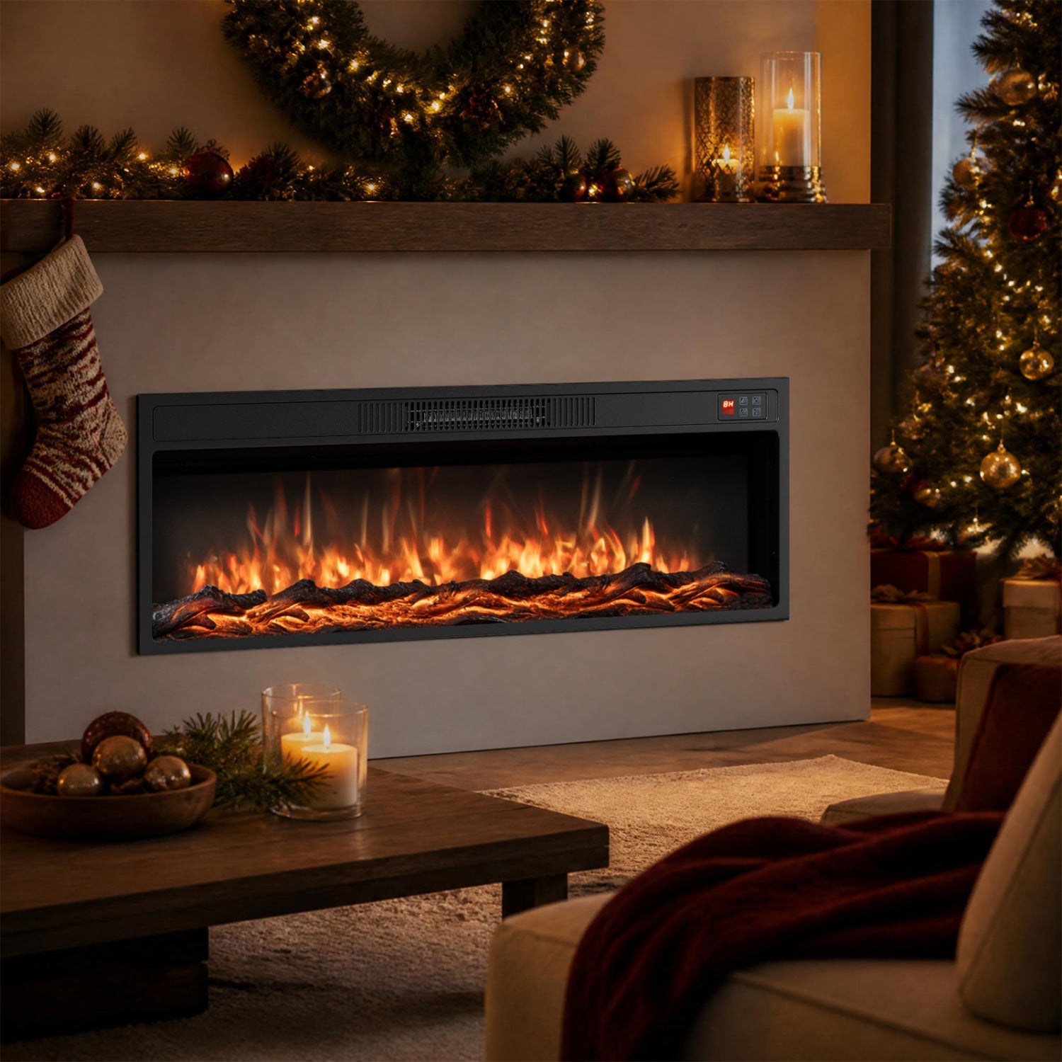 Recessed electric fireplace heater DirectDeals with remote control in a gray inset unit on Tampa Home & Garden Store