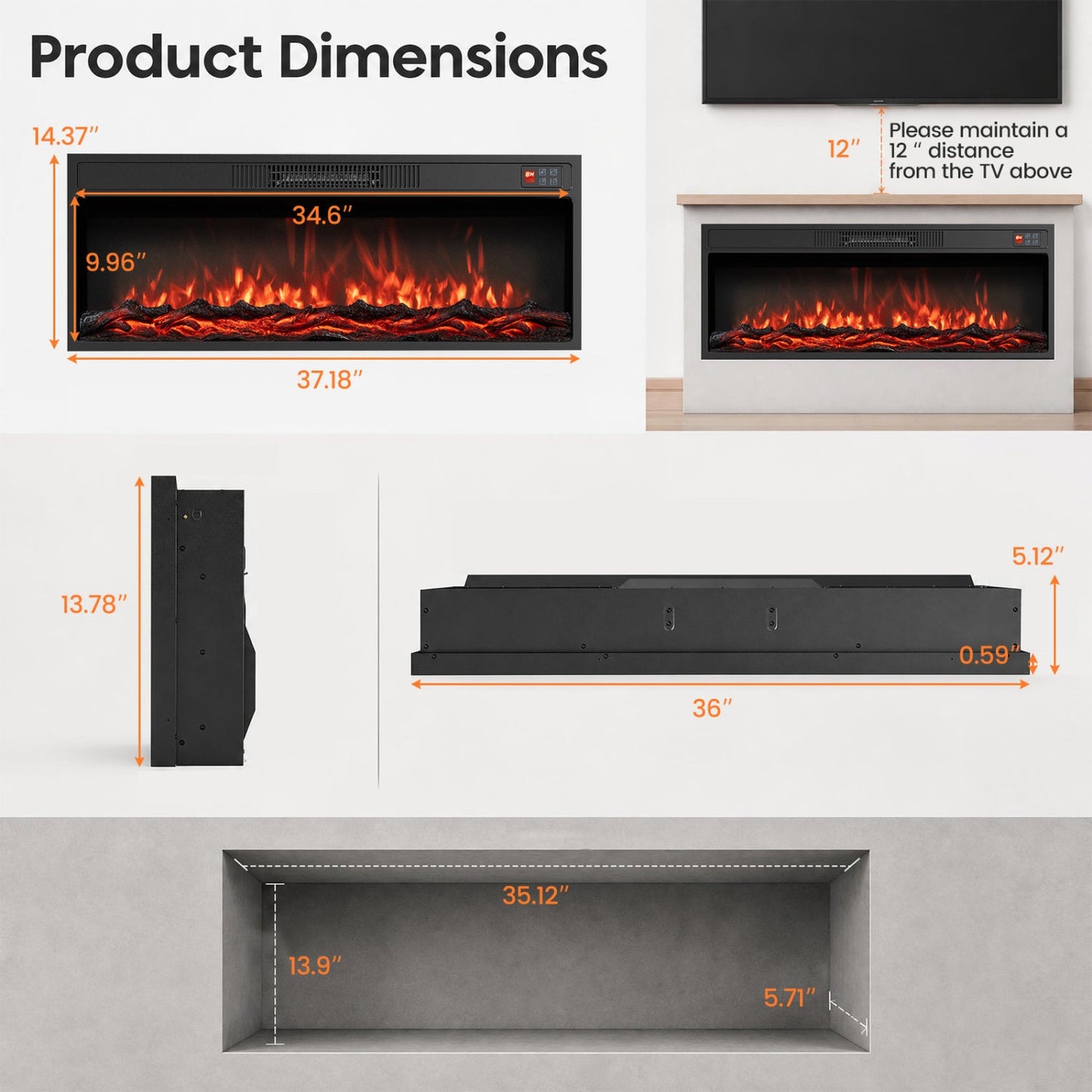 DirectDeals recessed electric fireplace heater with remote, black insert, 37.18W x 14.37H on Tampa Home & Garden Store