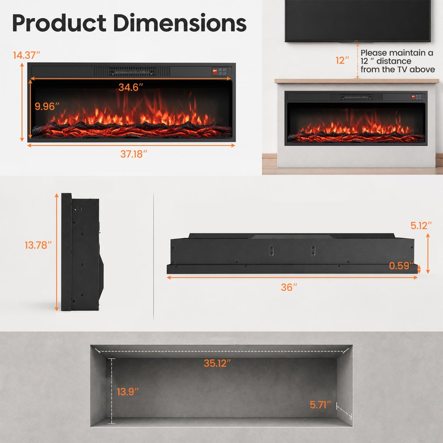 DirectDeals recessed electric fireplace heater with remote, black insert, 37.18W x 14.37H on Tampa Home & Garden Store
