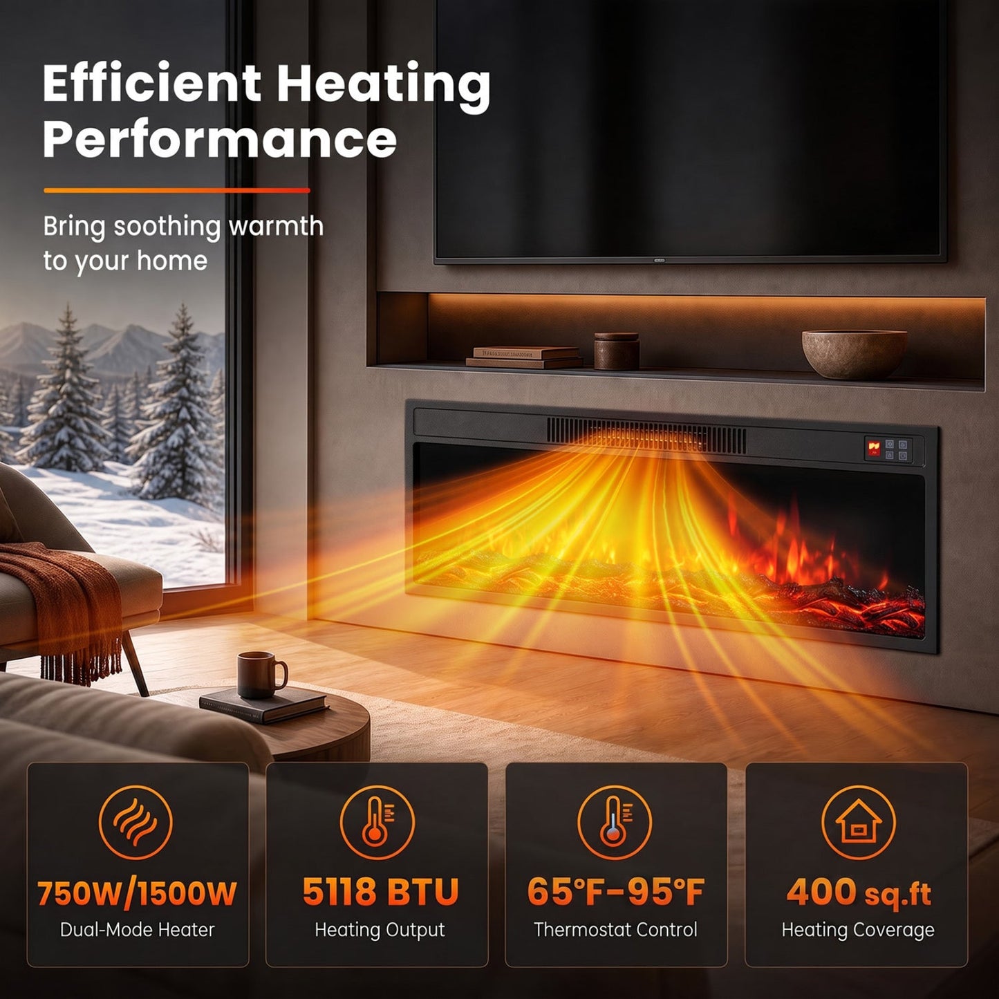 DirectDeals recessed electric fireplace with remote control in black, dual-mode heater on Tampa Home & Garden Store
