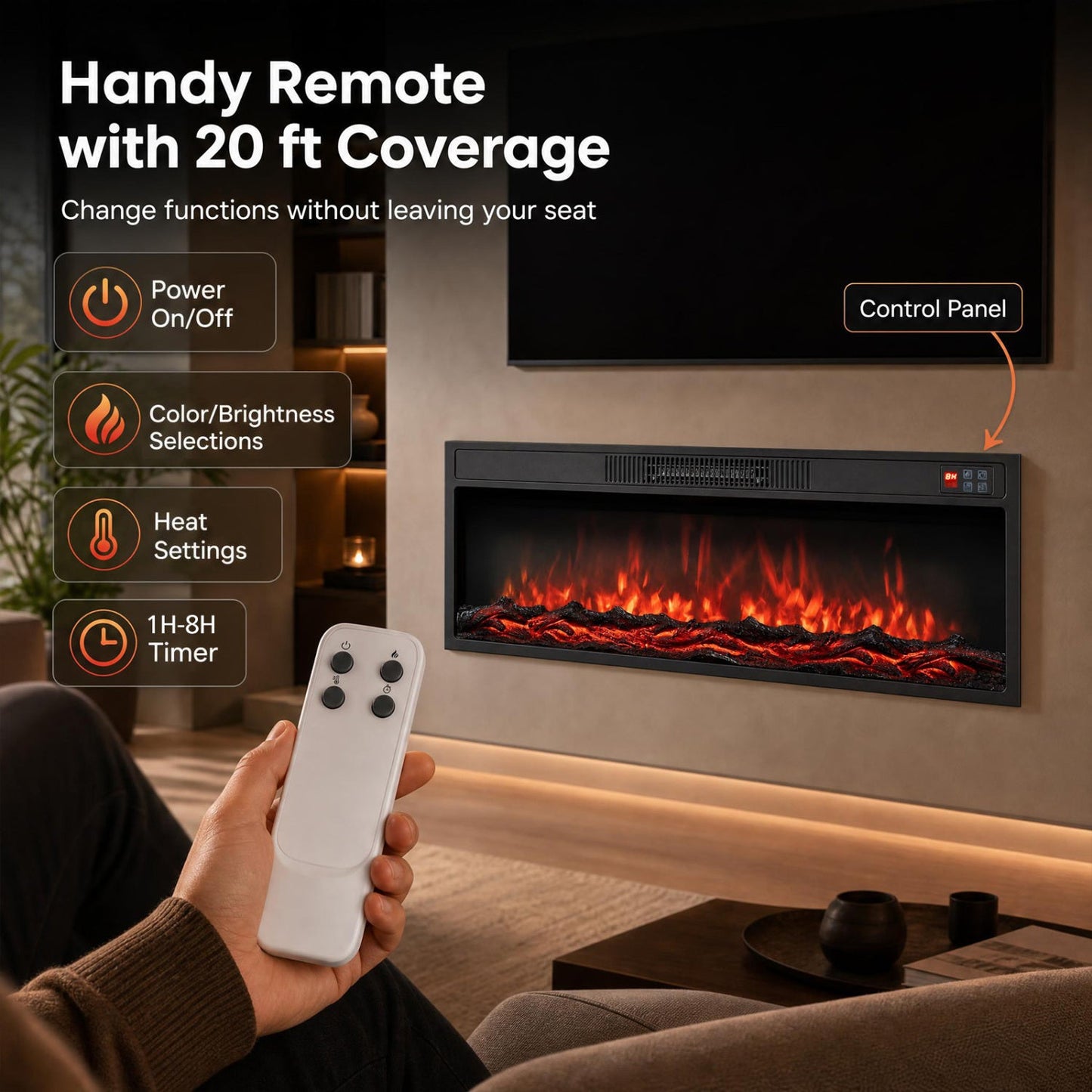 DirectDeals recessed electric fireplace heater with remote control in a cozy living room on Tampa Home & Garden Store