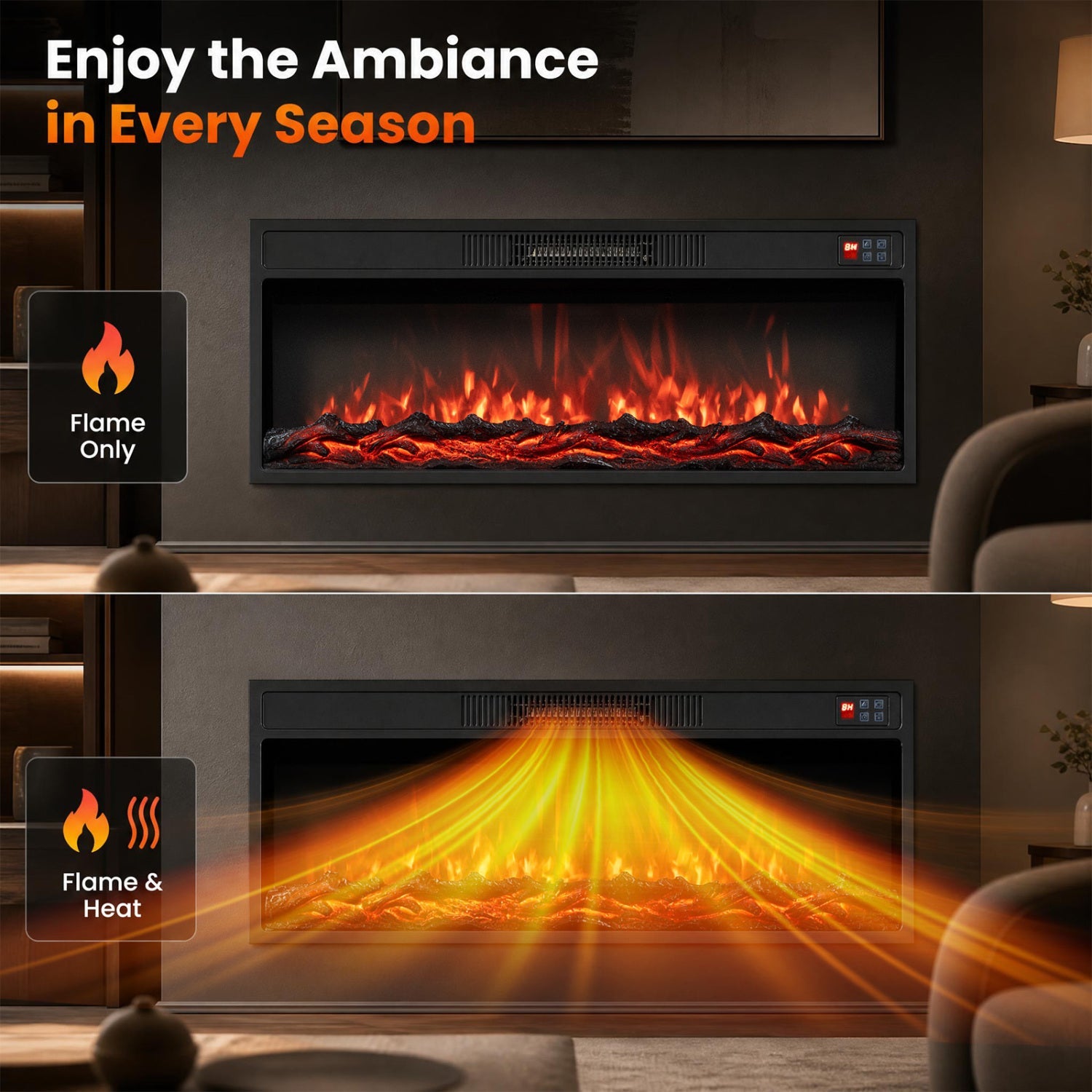 DirectDeals recessed electric fireplace heater with remote; flame-only and heat modes on Tampa Home & Garden Store