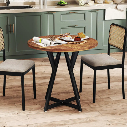 Round Dining Table 36 Inch with Metal Pedestal Base wood top black legs caned-back chairs on Tampa Home & Garden Store