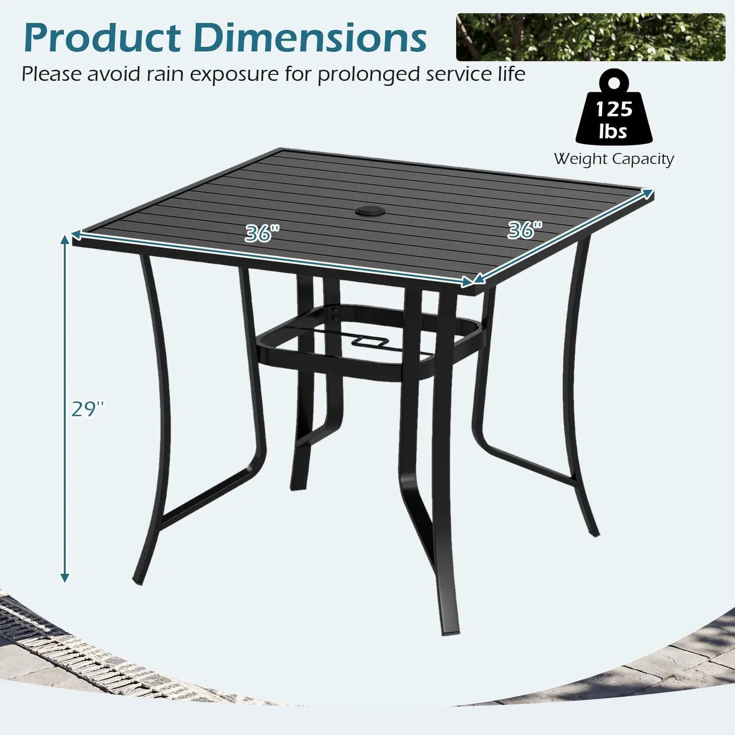 36in Square Patio Table with Umbrella Hole Black