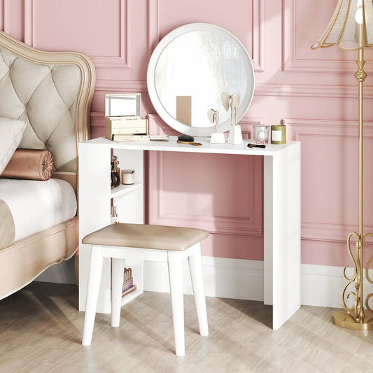 36 Inch White computer desk with 3 open shelves and a round mirror on pink wall, DirectDeals on Tampa Home & Garden Store
