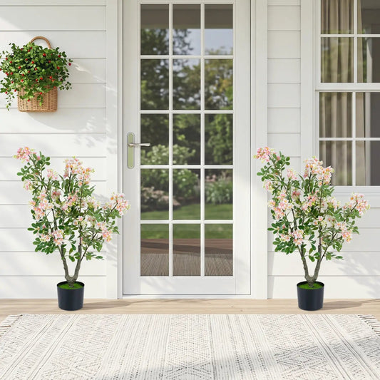 DirectDeals artificial Impatiens Tree 36in pink blossoms, two trees in pots beside a white door on Tampa Home & Garden Store