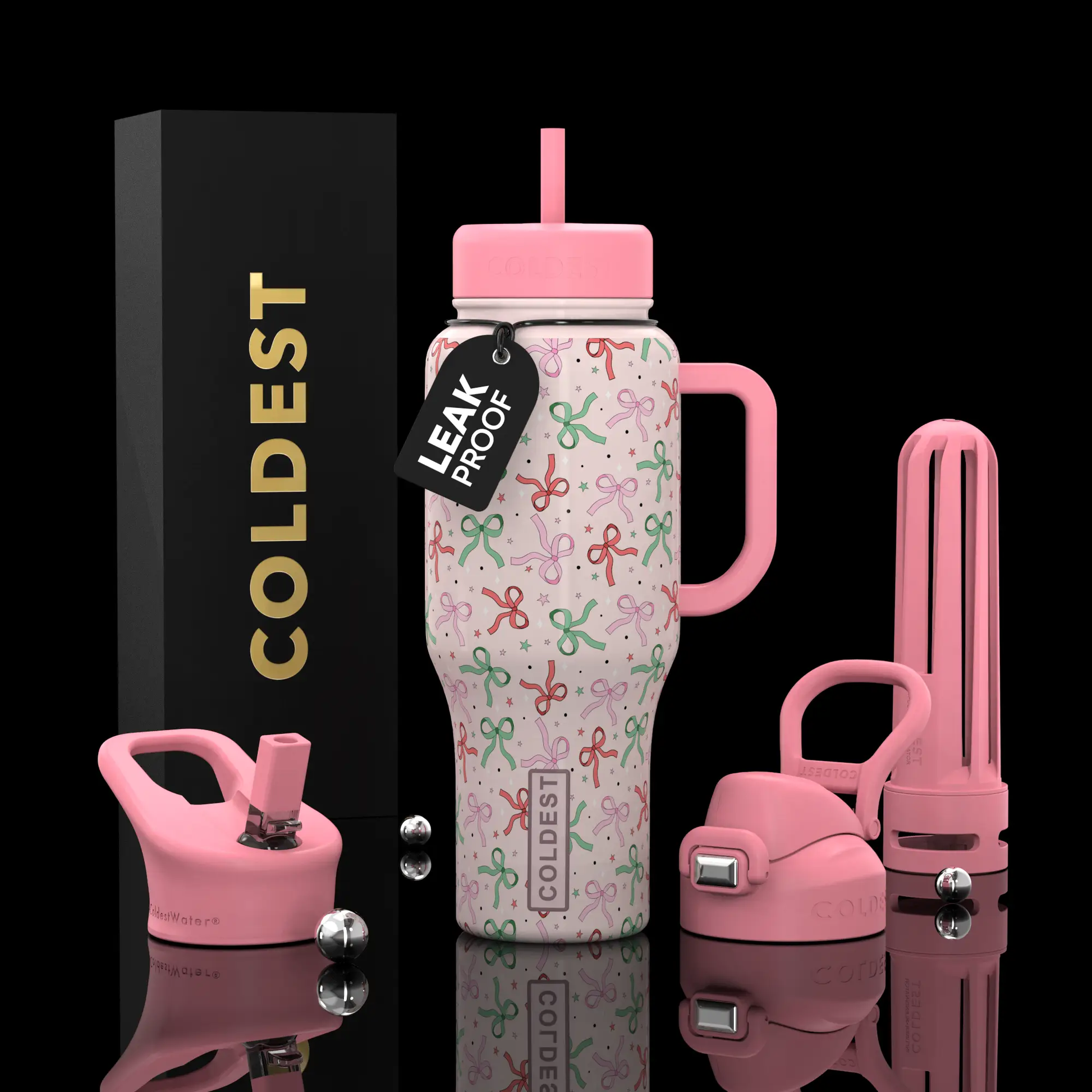 Coldest 36oz Limitless Ultra v8 pink water bottle with lid, bow print, leak-proof tag on Tampa Home & Garden Store