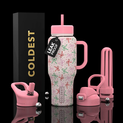 Coldest 36oz Limitless Ultra v8 pink water bottle with lid, bow print, leak-proof tag on Tampa Home & Garden Store