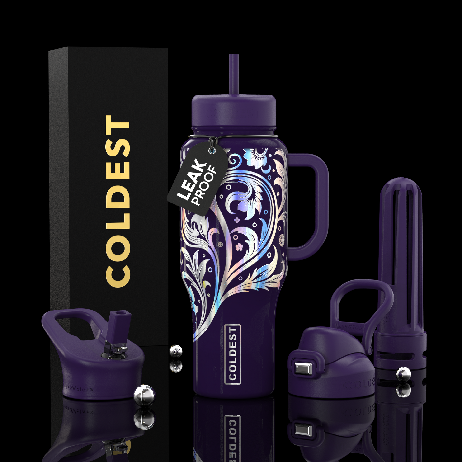 Coldest 36oz Limitless Ultra v8 water bottle with purple lid and swirling floral design on Tampa Home & Garden Store