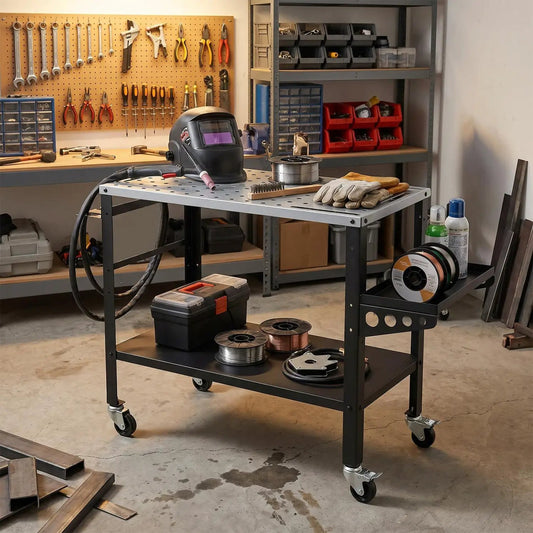 DirectDeals welding table 36x18 with perforated top, 144 fixture holes, lockable wheels, gray frame on Tampa Home & Garden Store