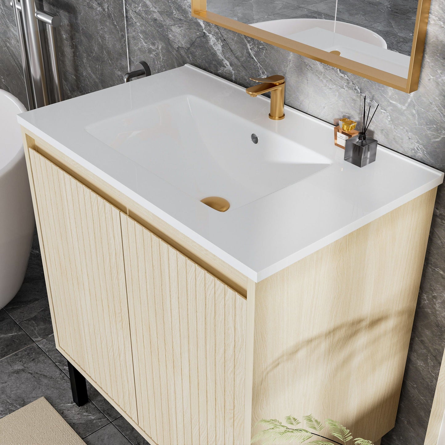 Bathroom vanity with ceramic sink, floorstanding cabinet, gold faucet, soft-closing drawers on Tampa Home & Garden Store
