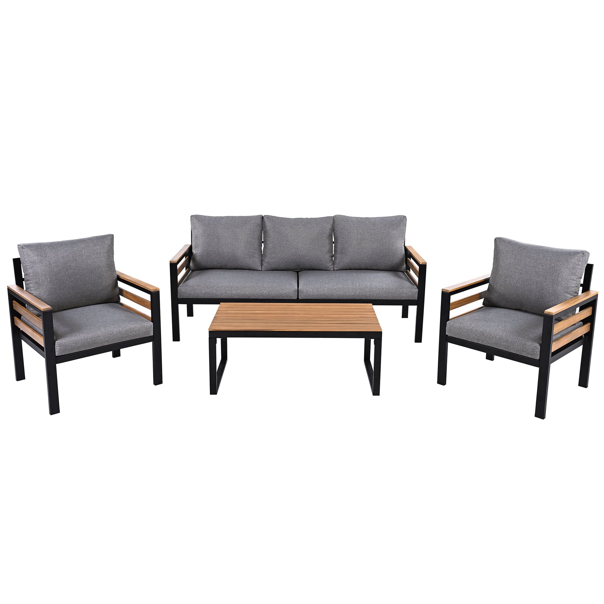 GO 4-Piece Sofa Set gray cushions, wood armrests, black frame; sofa, 2 chairs, coffee table on Tampa Home & Garden Store