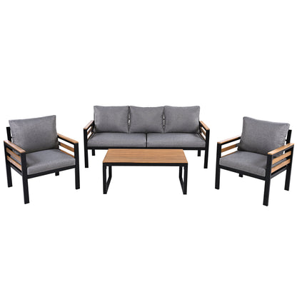 GO 4-Piece Sofa Set gray cushions, wood armrests, black frame; sofa, 2 chairs, coffee table on Tampa Home & Garden Store