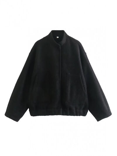 Autumn Casual Full Size Drop Shoulder Jacket by Stevvex black with snap front and pockets on Tampa Home & Garden Store