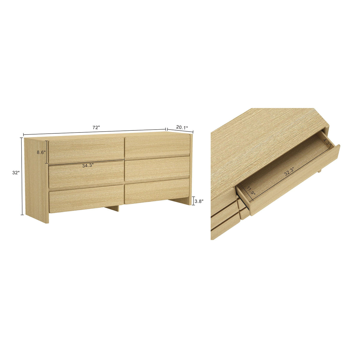 Double Wide Dresser With 6 Drawers by HouseOfZazla, light oak wood, modern minimalist design on Tampa Home & Garden Store