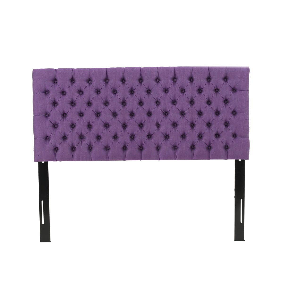 Purple tufted queen size bed headboard with diamond button tufting and black legs on Tampa Home & Garden Store