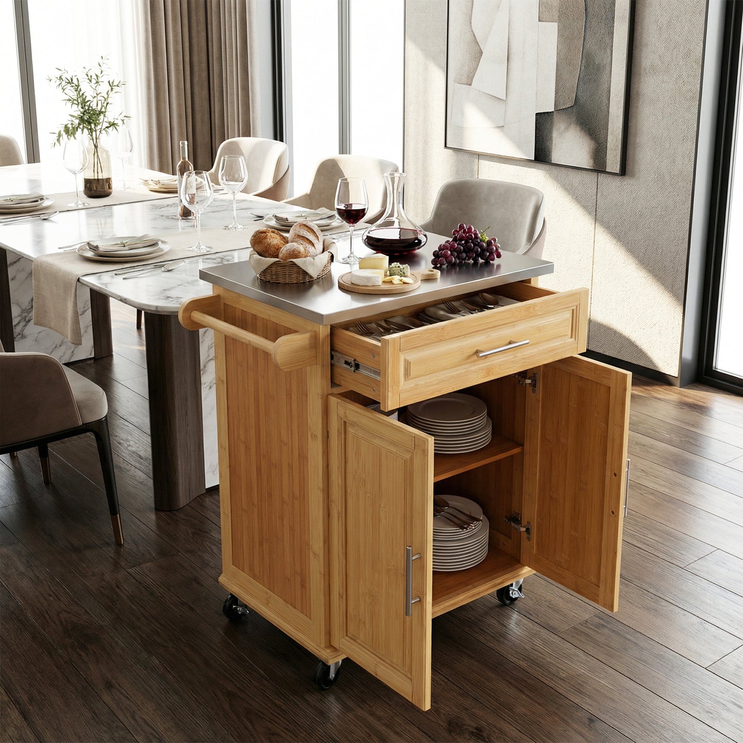 Compact Bamboo Kitchen Cart and Stainless Steel