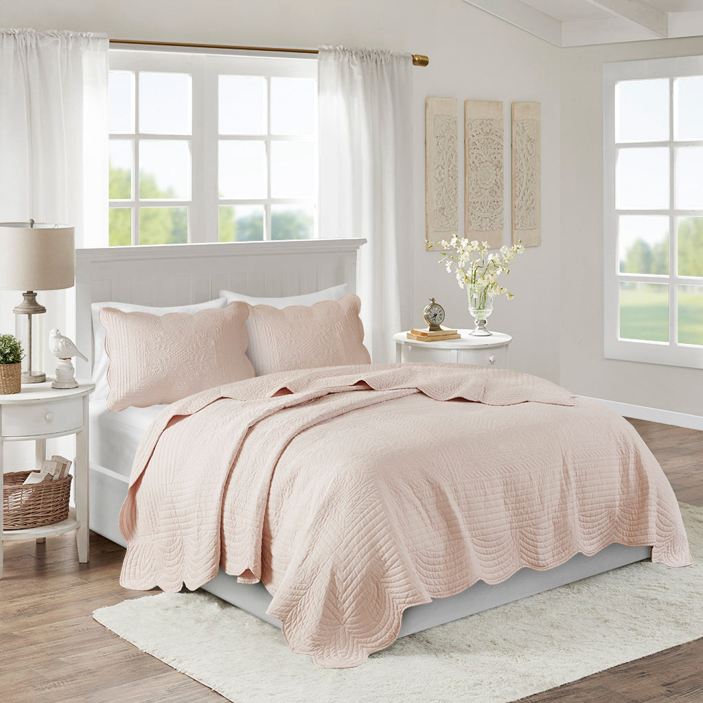 3 Piece Reversible Scalloped Edge Quilt Set Blush King/Cal King HouseOfZazla on white bed on Tampa Home & Garden Store