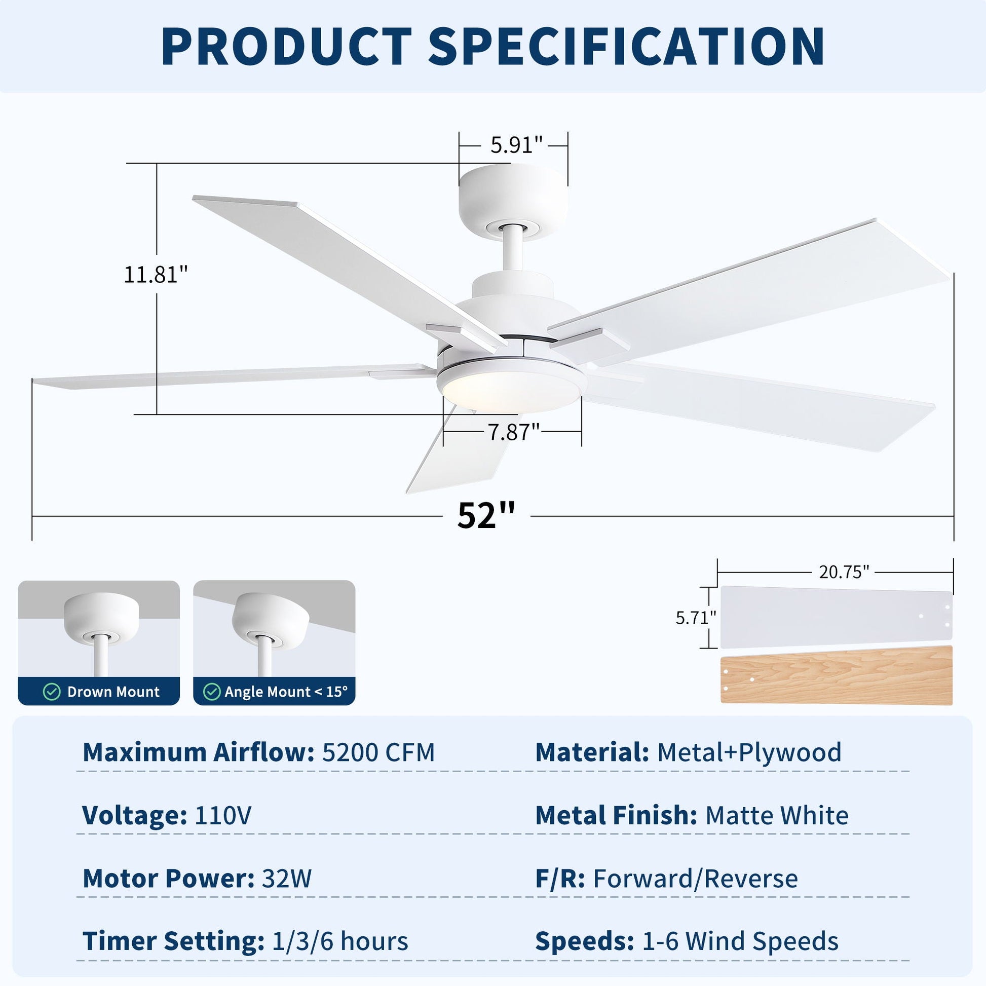 HouseOfZazla Reversible LED Ceiling Fan With Light, 52in blade span, matte white finish on Tampa Home & Garden Store