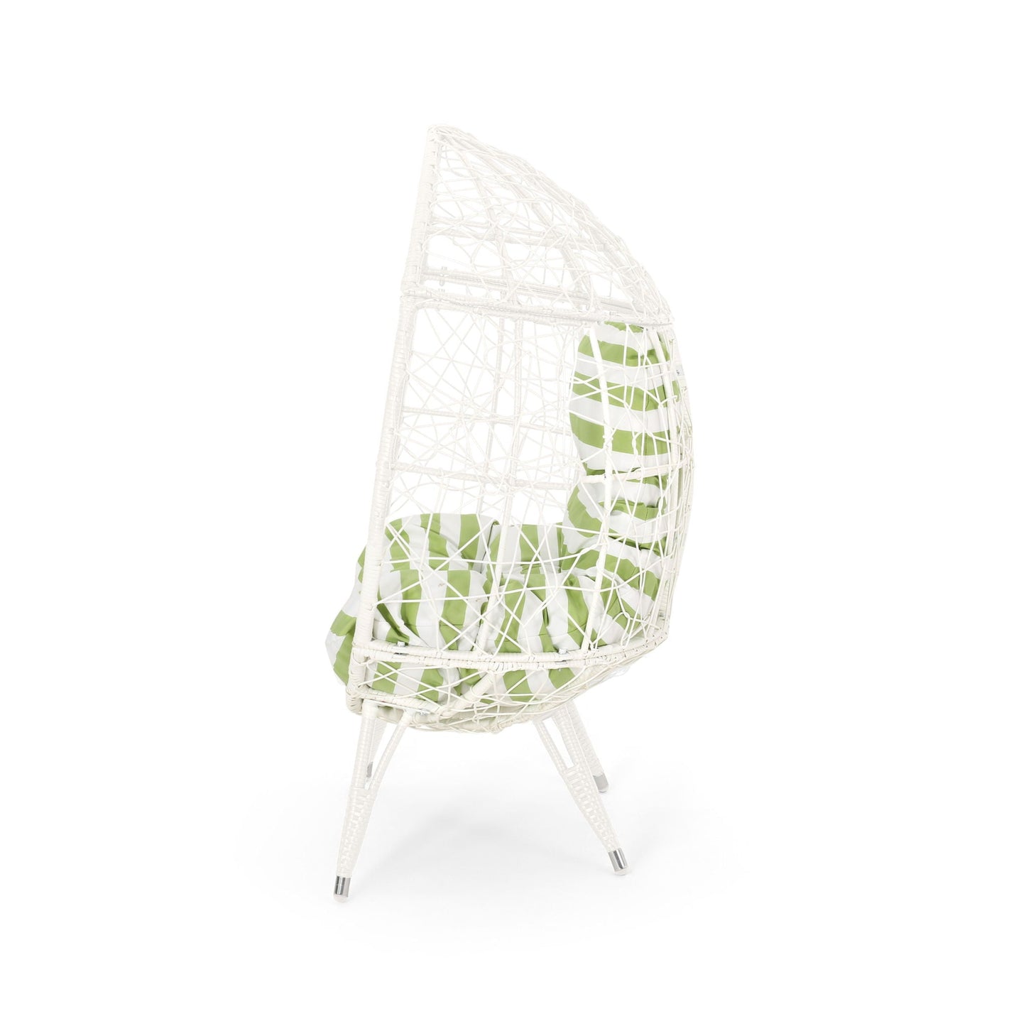 Cosmos Teardrop Chair, white hammered iron frame with green striped cushion, outdoor accent on Tampa Home & Garden Store
