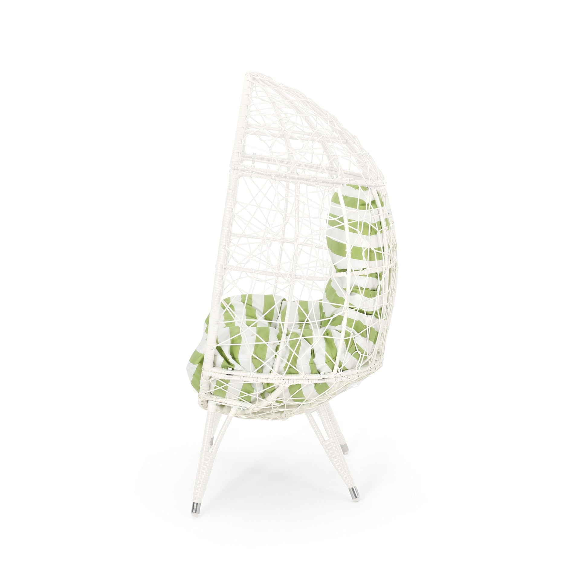 Cosmos Teardrop Chair, white hammered iron frame with green striped cushion, outdoor accent on Tampa Home & Garden Store